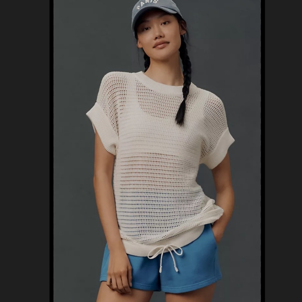 Varley Cream Open-Weave Short Sleeve Crew with Drawstring Hem